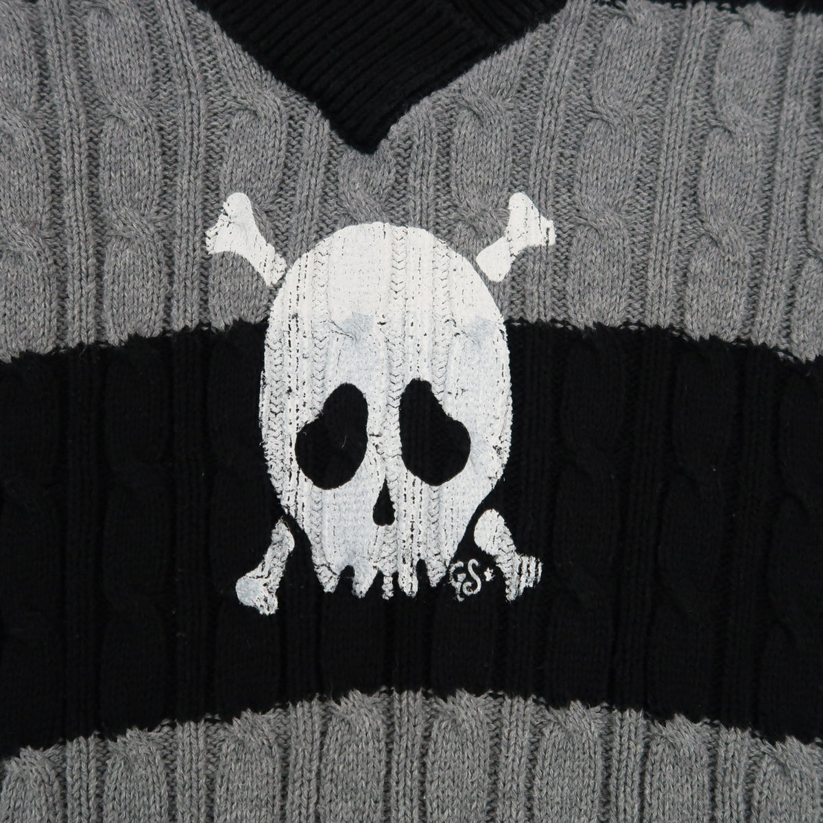 "Grim Skull" Gray and Black Striped Sweater - Large