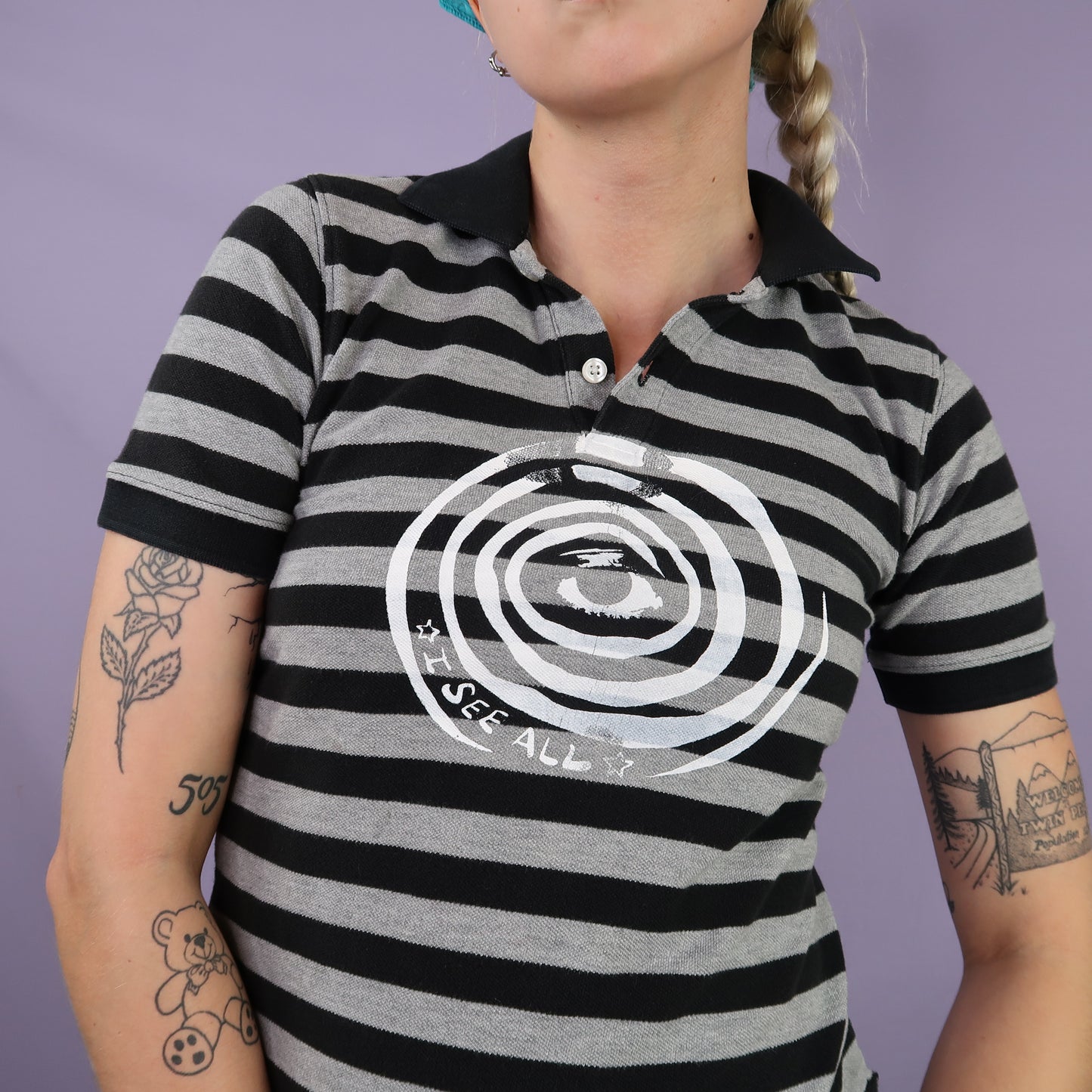 "I See All (Eye Spiral)" Striped Polo Baby Tee - Small