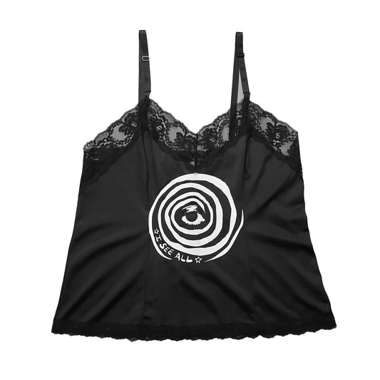"I See All (Eye Spiral)" Black Lace Top - Medium