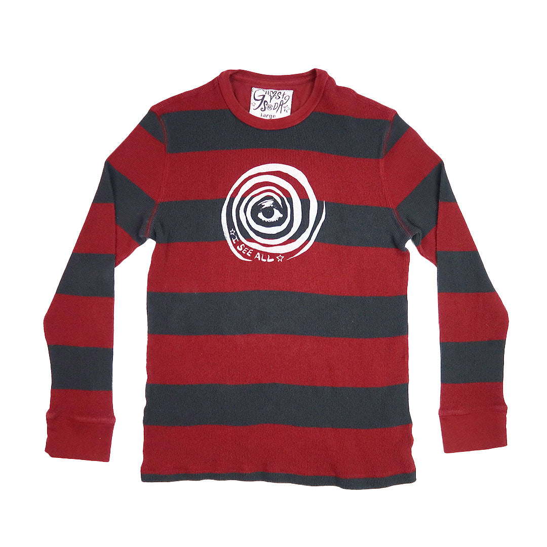 "I See All" (Eye Spiral) Red Striped Thermal Long Sleeve - Large