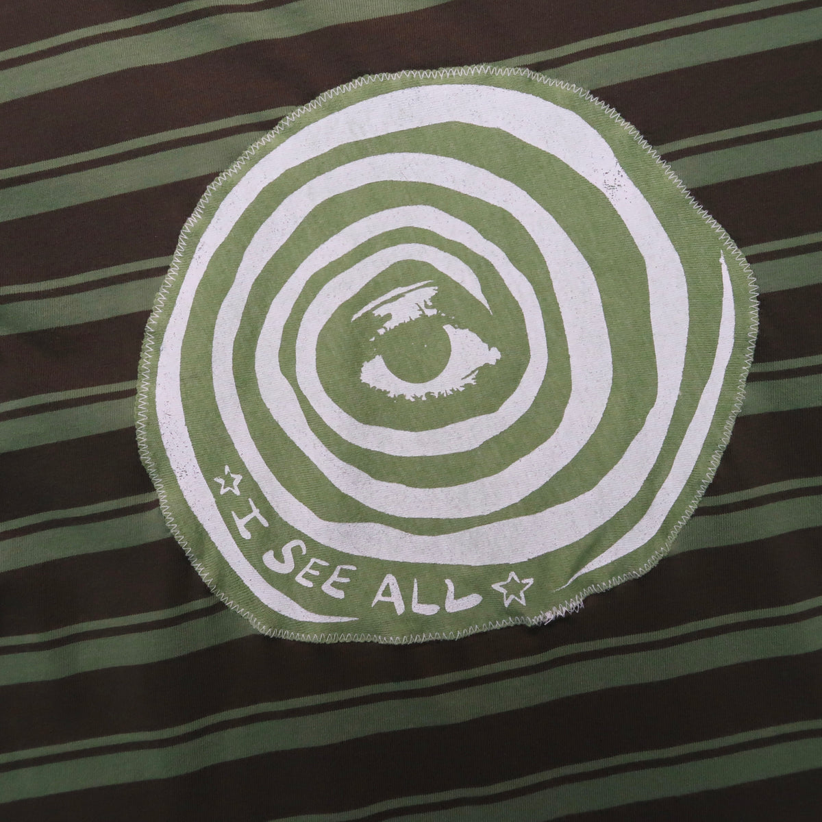 "I See All (Eye Spiral)" Striped Green Baby Tee - Small