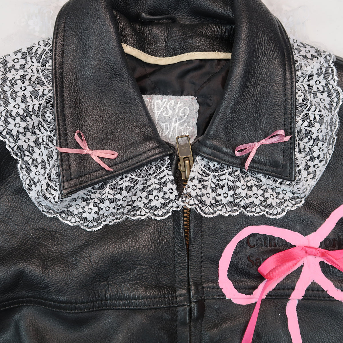 1OF1 “Leather and Lace” Upcycled Leather Jacket 🎀🤍🩷✨