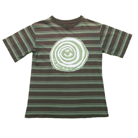 "I See All (Eye Spiral)" Striped Green Baby Tee - Small