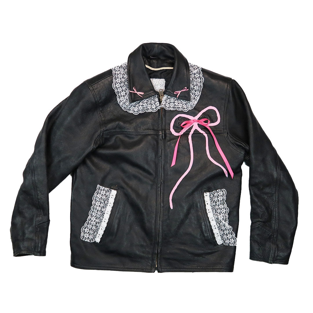 1OF1 “Leather and Lace” Upcycled Leather Jacket 🎀🤍🩷✨