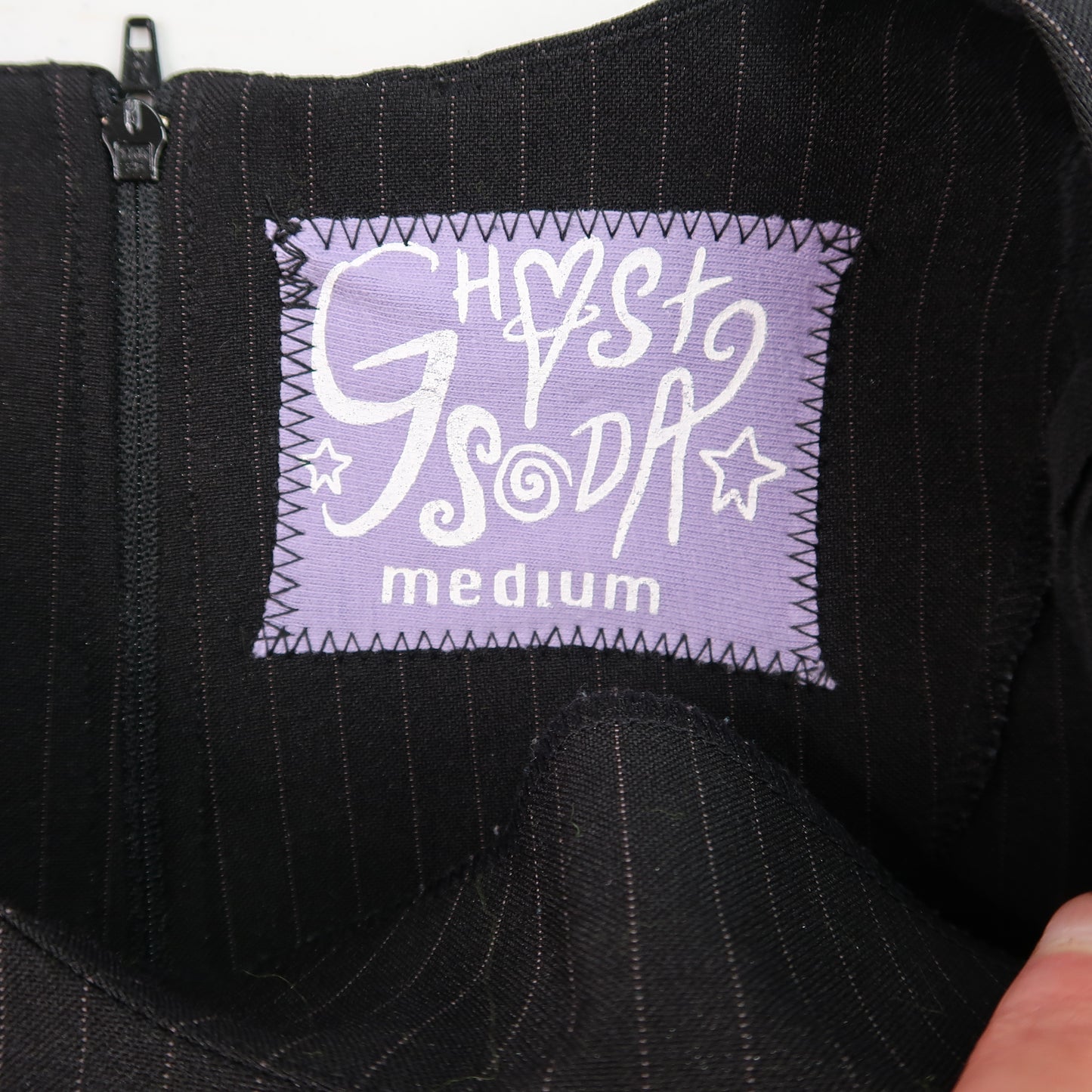 "I See All" (Eye Spiral) Black Pinstripe Dress - Medium