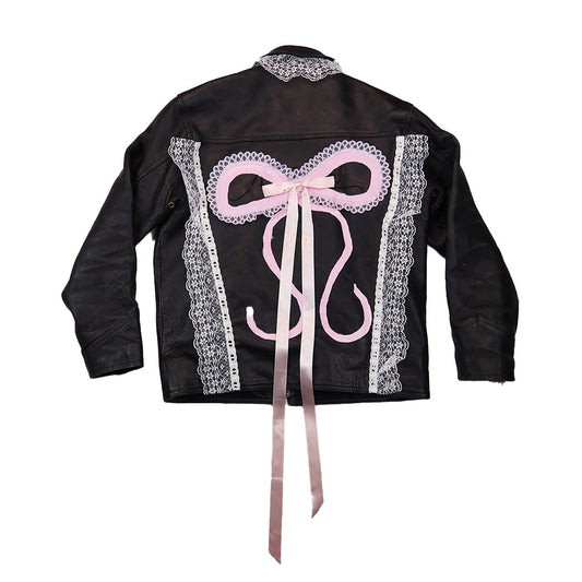 1OF1 “Leather and Lace” Upcycled Leather Jacket 🎀🤍🩷✨