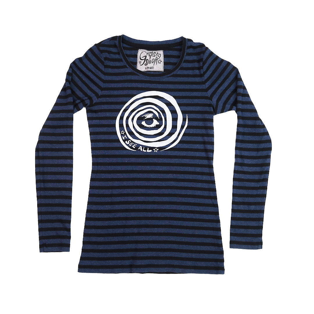 "I See All" (Eye Spiral) Navy Striped Long Sleeve - Small
