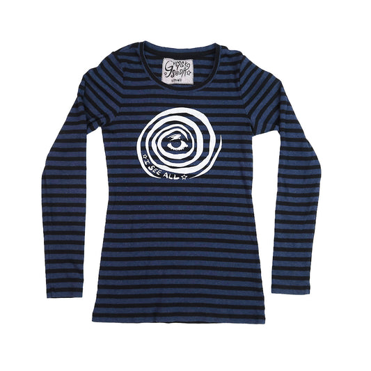 "I See All" (Eye Spiral) Navy Striped Long Sleeve - Small