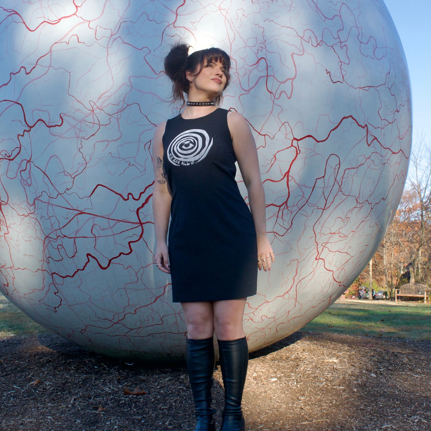 "I See All" (Eye Spiral) Black Pinstripe Dress - Medium