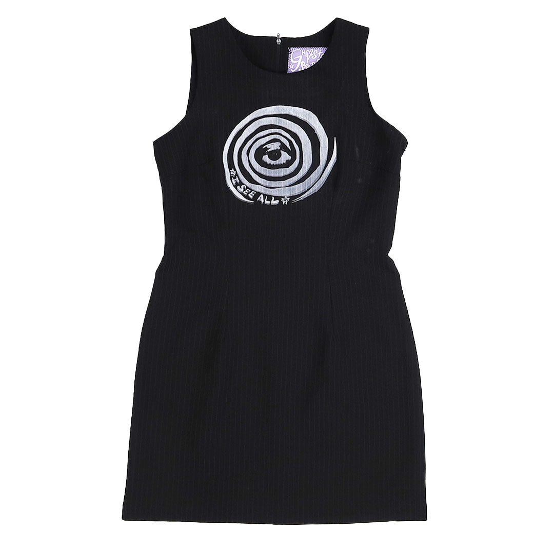 "I See All" (Eye Spiral) Black Pinstripe Dress - Medium