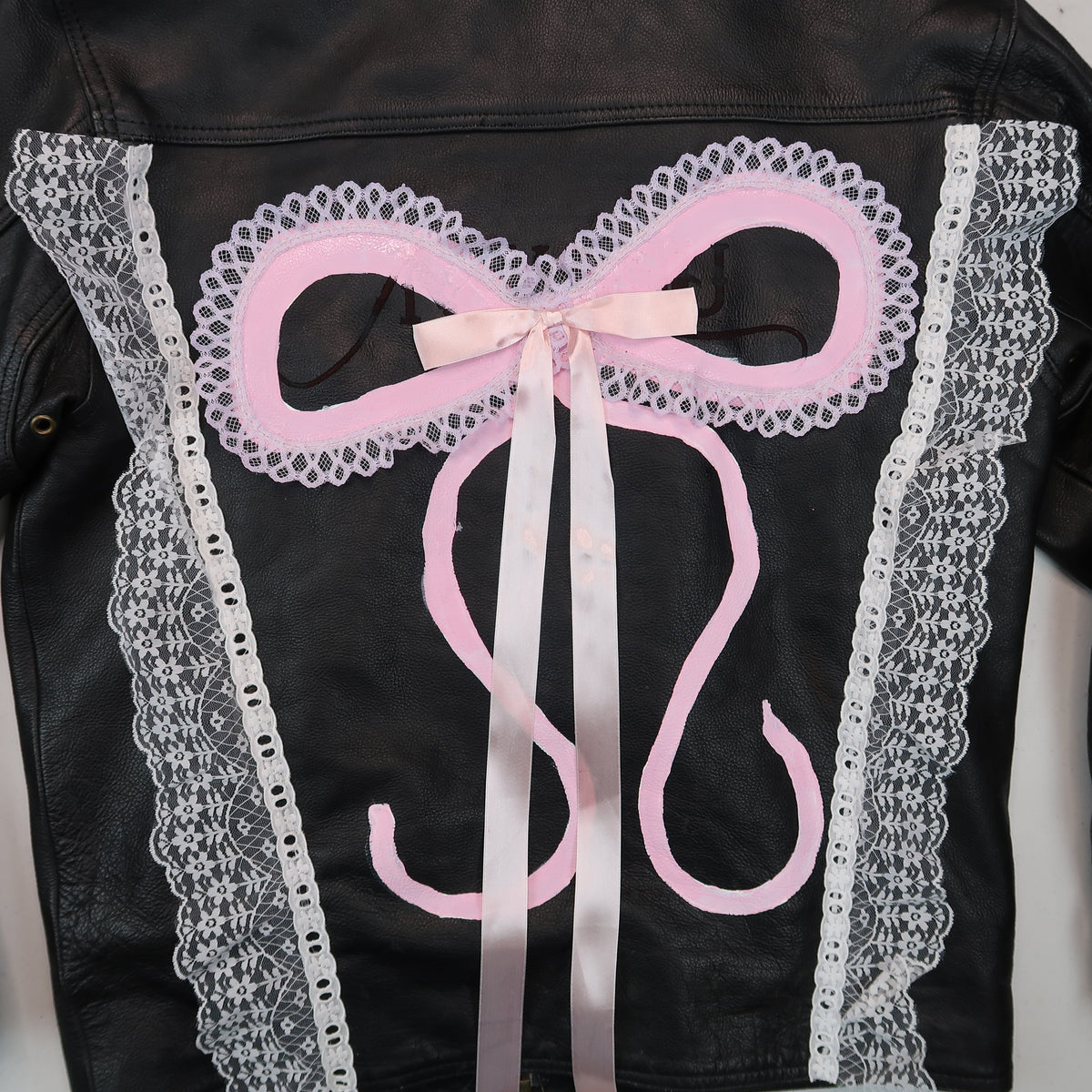 1OF1 “Leather and Lace” Upcycled Leather Jacket 🎀🤍🩷✨