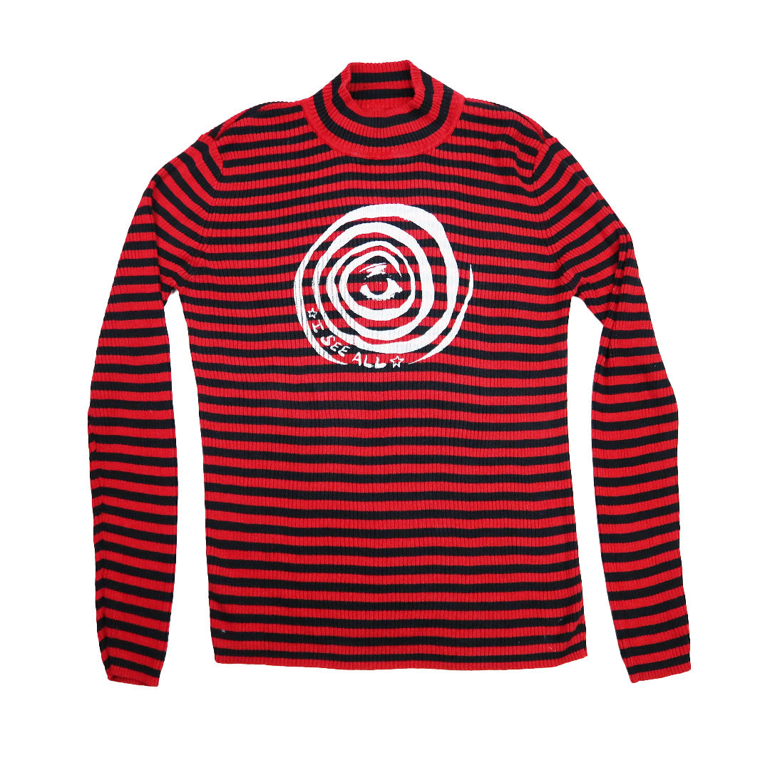 "I See All" (Eye Spiral) Striped Red Turtleneck - Medium