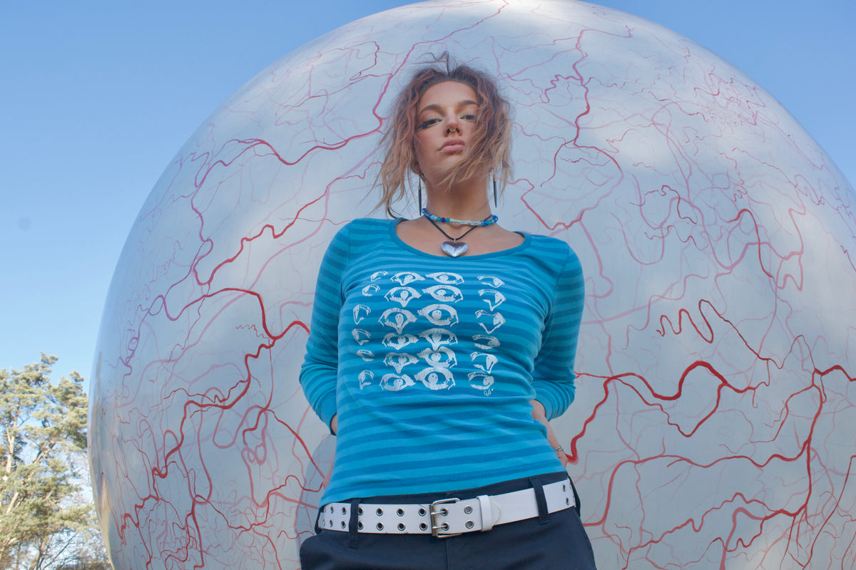 "Melted Visions: Blue Striped Long Sleeve - Medium
