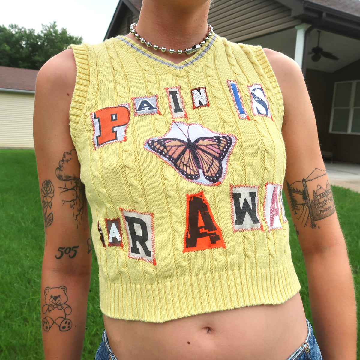 "Pain is Far Away" Patchwork Sweater Vest - Small