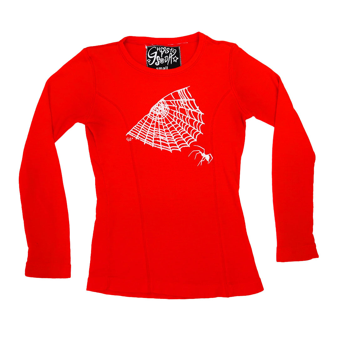 "Cobweb Club" Bright Red Long Sleeve Top - Small