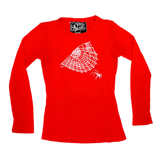 "Cobweb Club" Bright Red Long Sleeve Top - Small