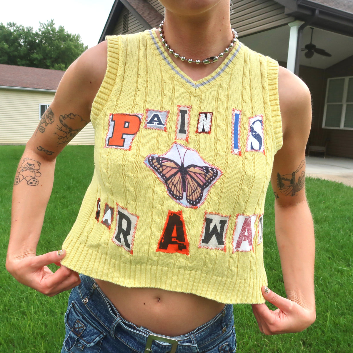 "Pain is Far Away" Patchwork Sweater Vest - Small