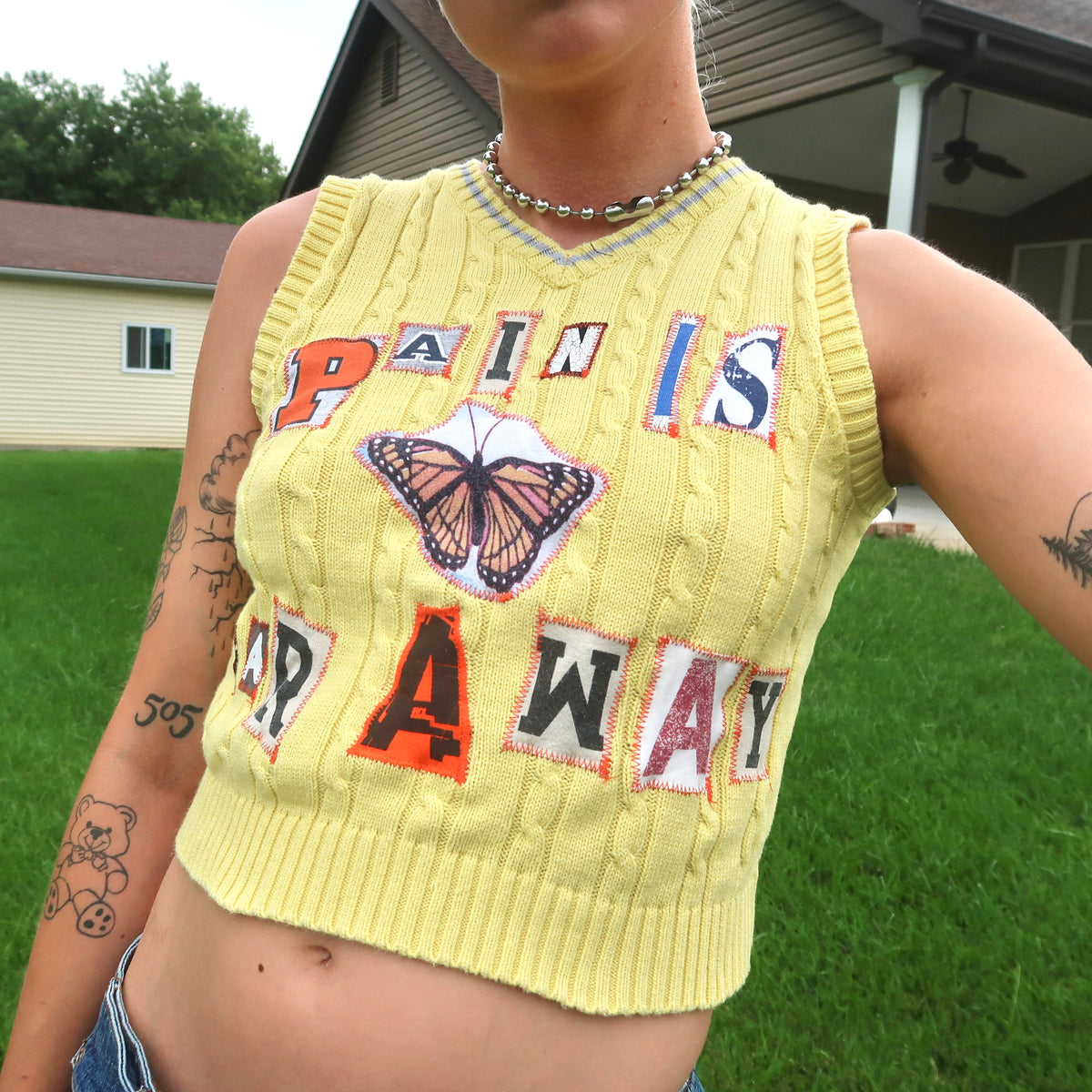 "Pain is Far Away" Patchwork Sweater Vest - Small