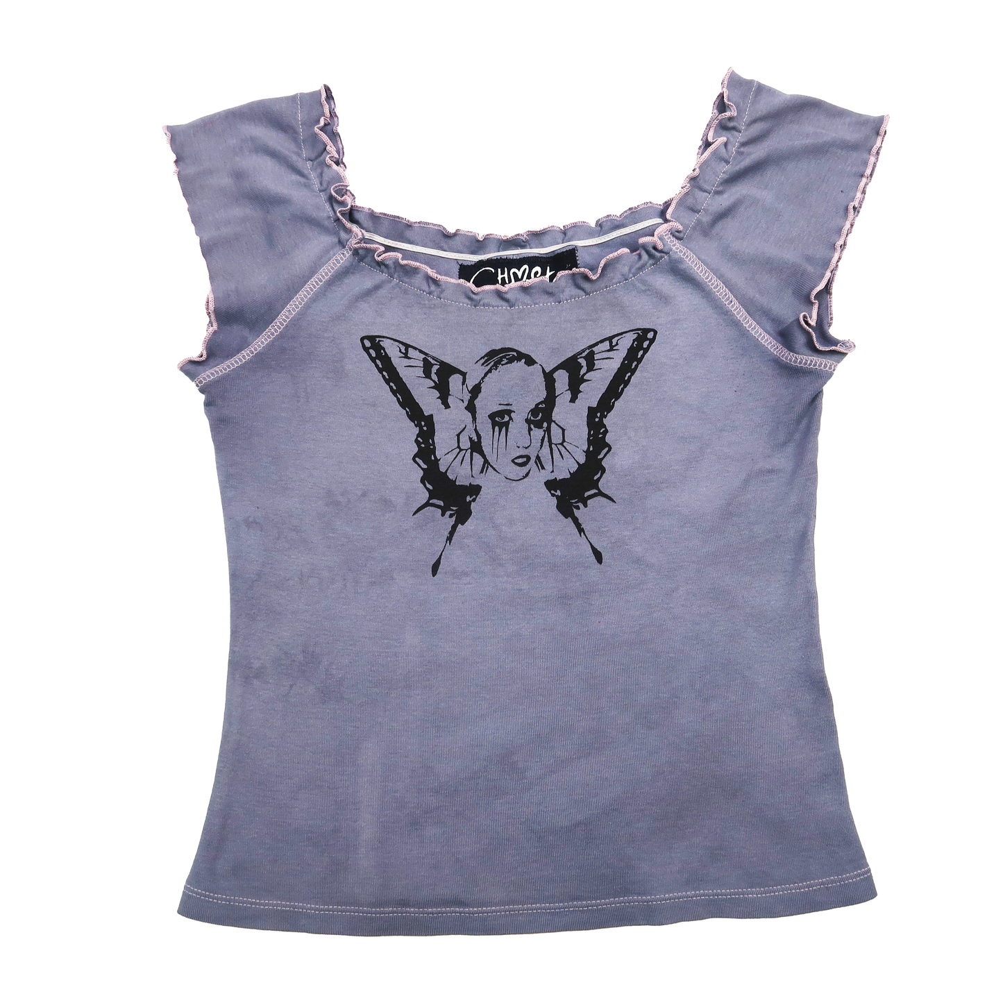 "Weeping Butterfly" Gray Lettuce Hem Top - Medium
