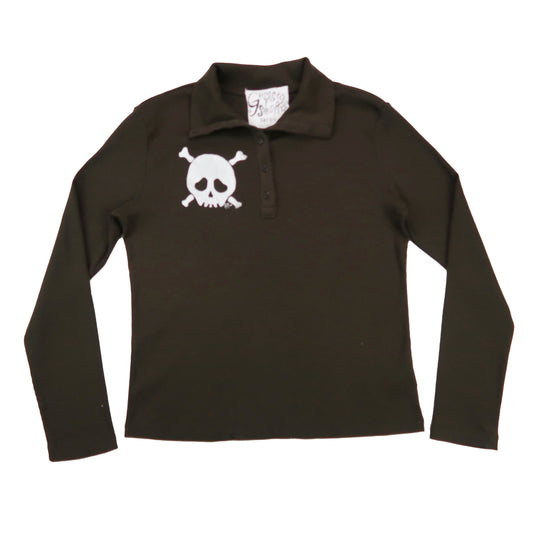 "Grim Skull" Green Polo Long Sleeve Shirt - Large