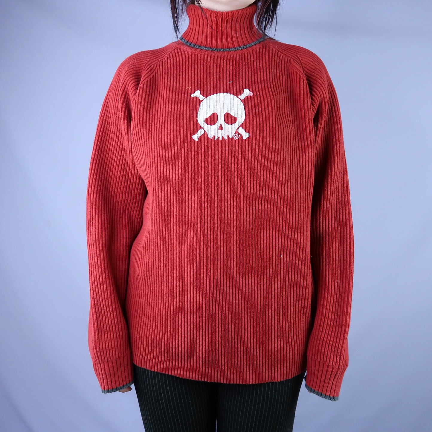 "Grim Skull" Red Ribbed Sweater - Large
