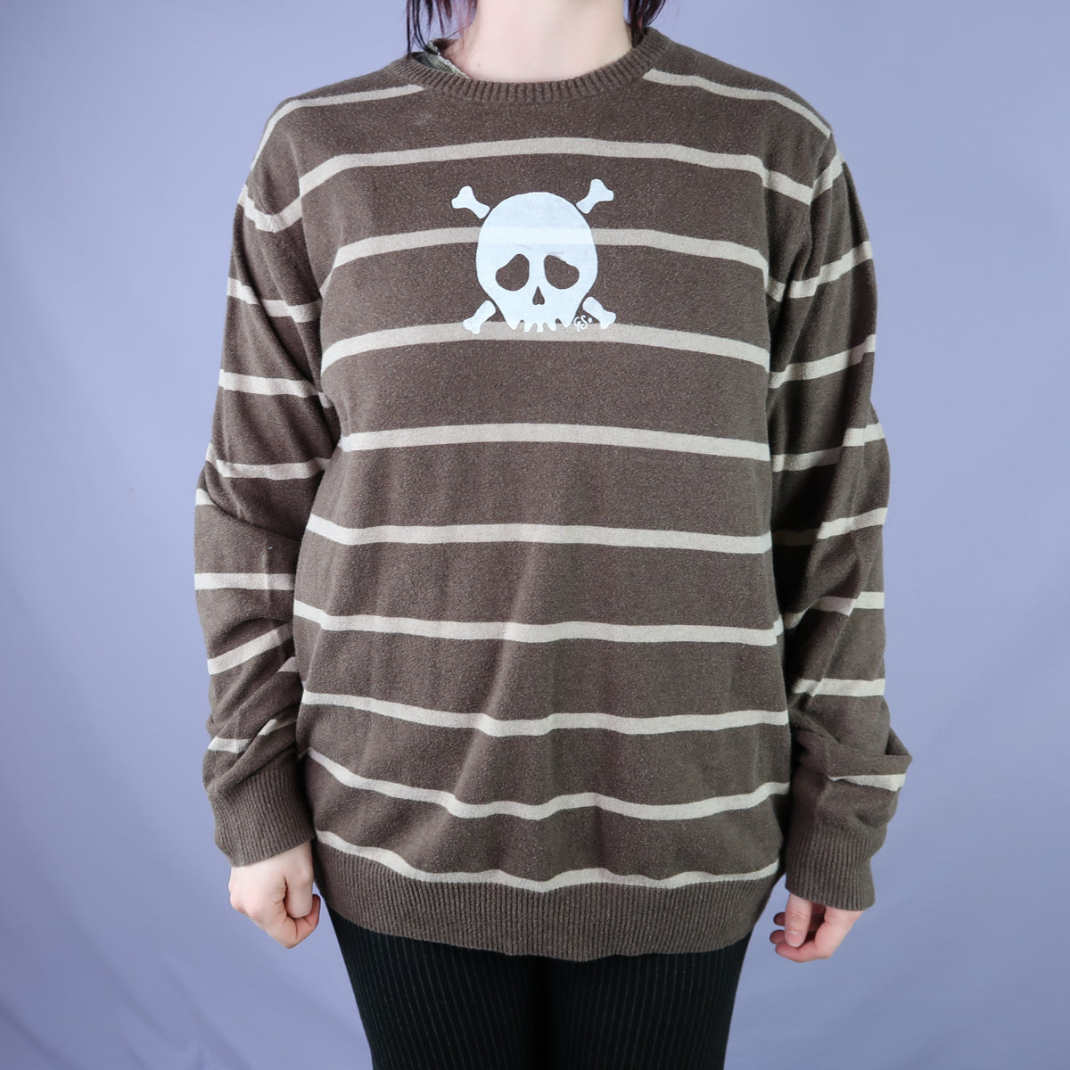 "Grim Skull" Brown Striped Sweater - Large
