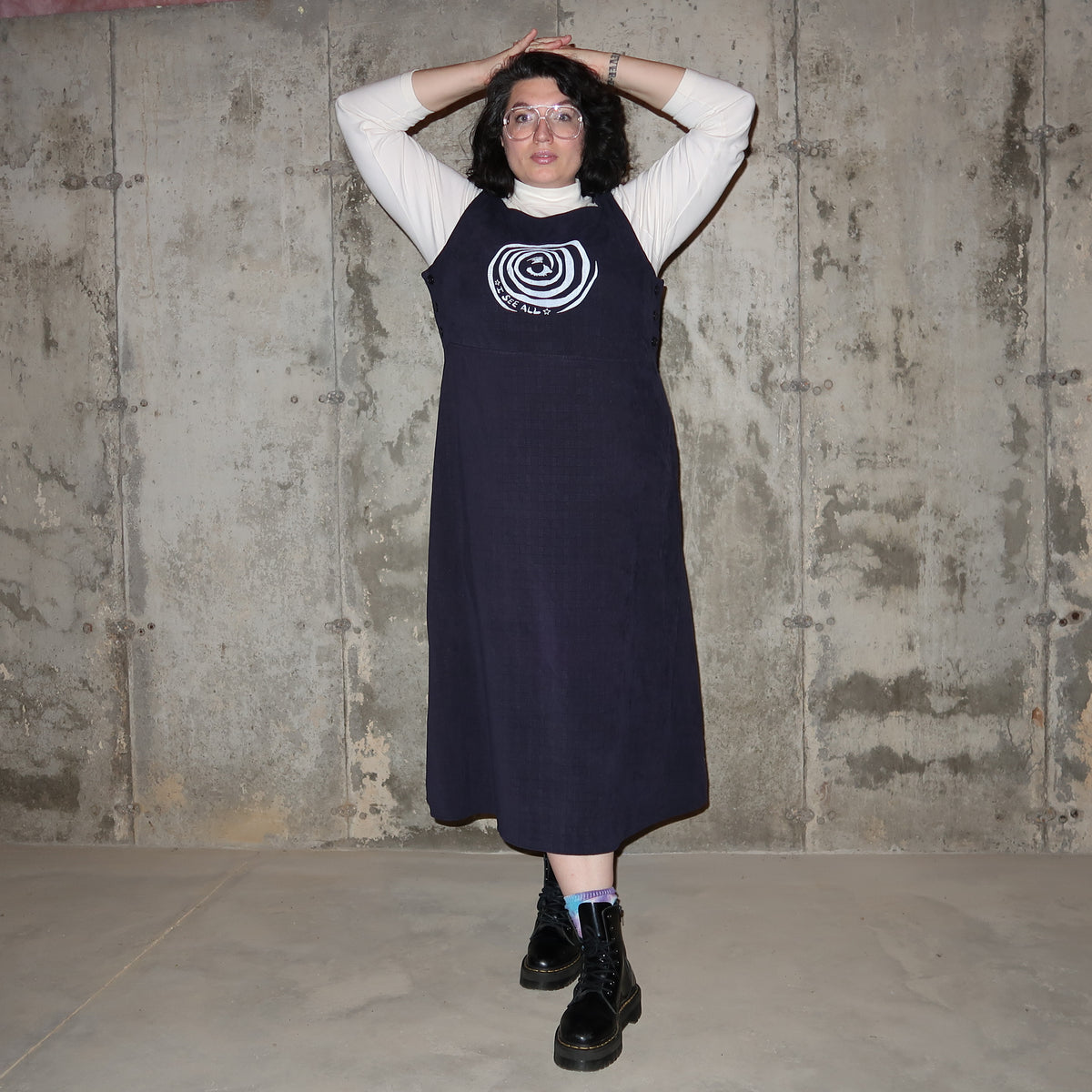 "I See All" (Eye Spiral) Navy Blue Plaid Maxi Dress - Extra Large