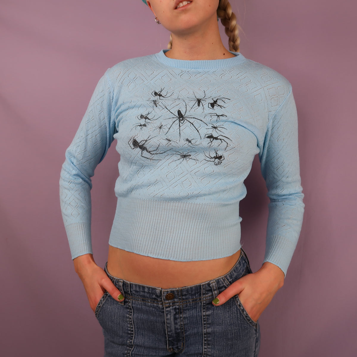 "I Love Spiders" Blue Sweater - Small