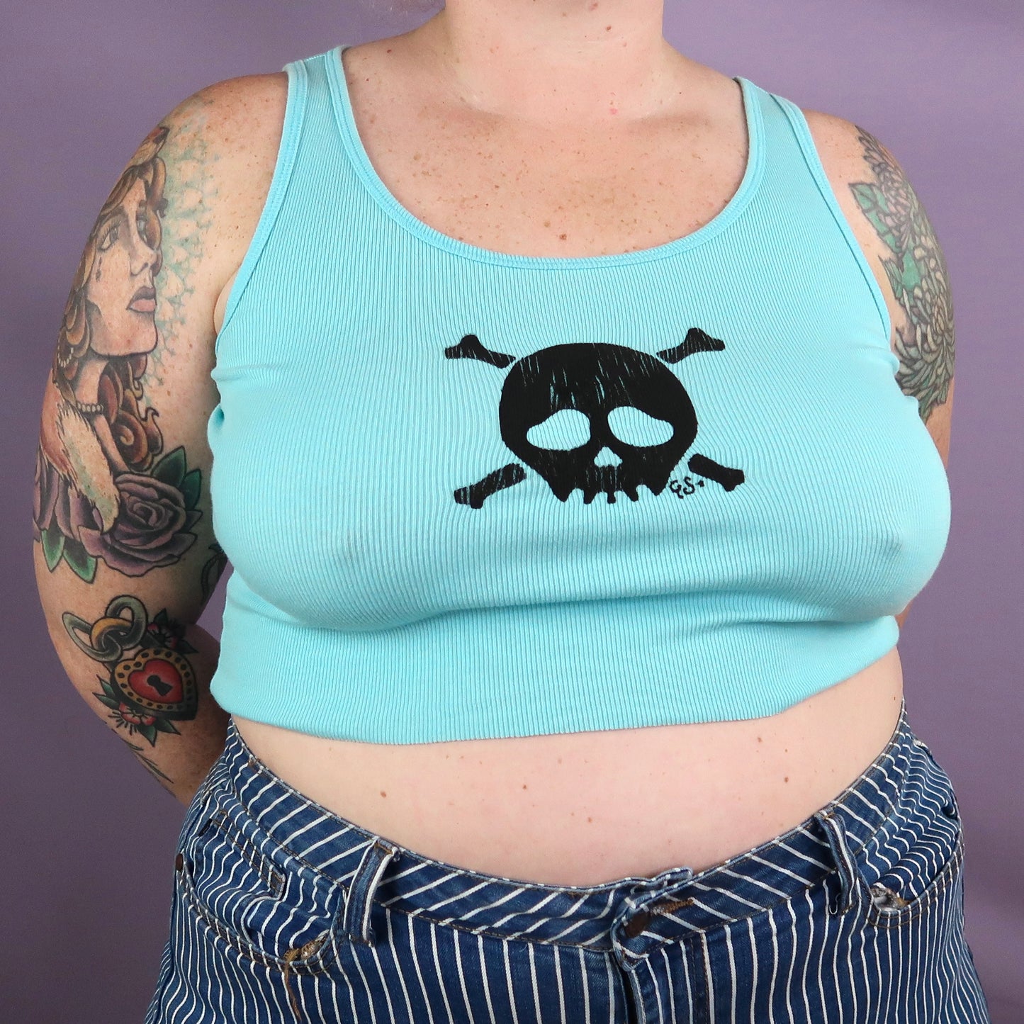 "Grim Skull" Blue Crop Top - Large