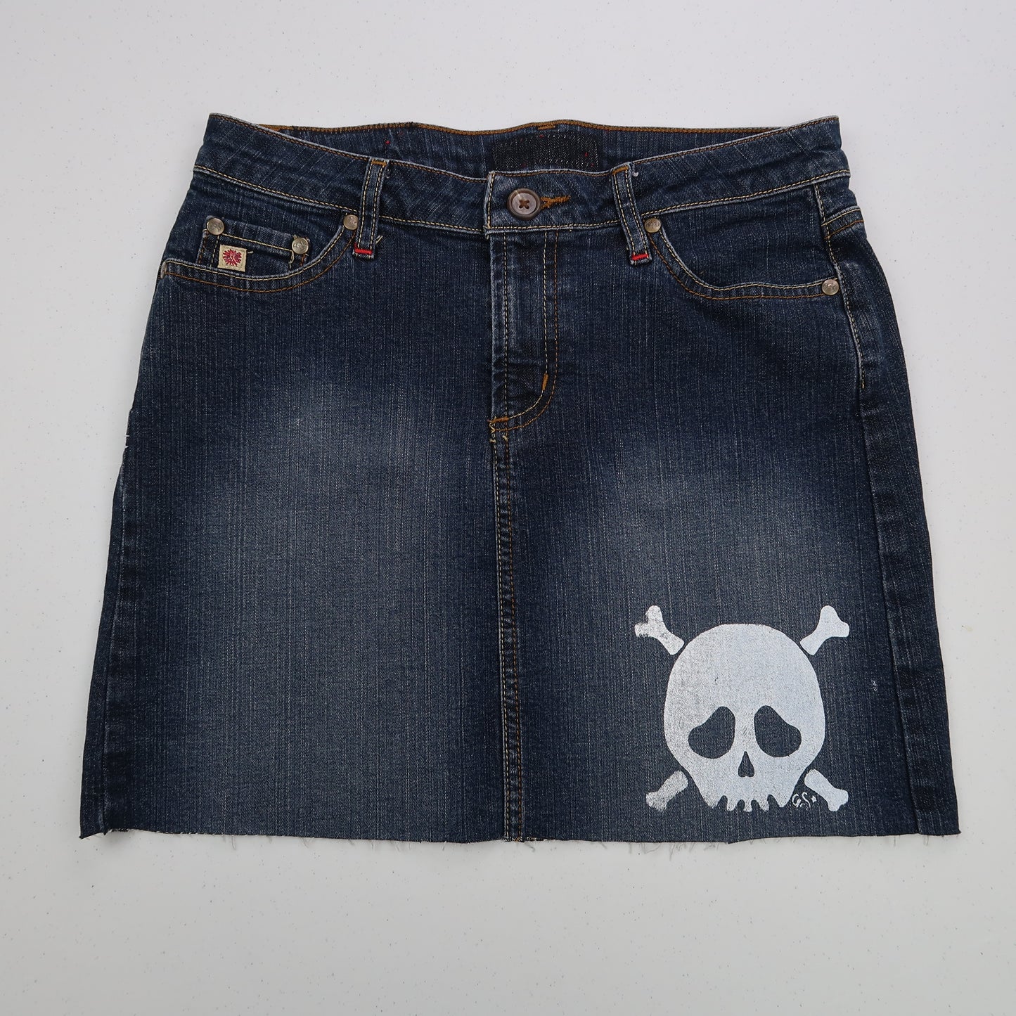"Grim Skull" Dark Wash Denim Skirt - Small