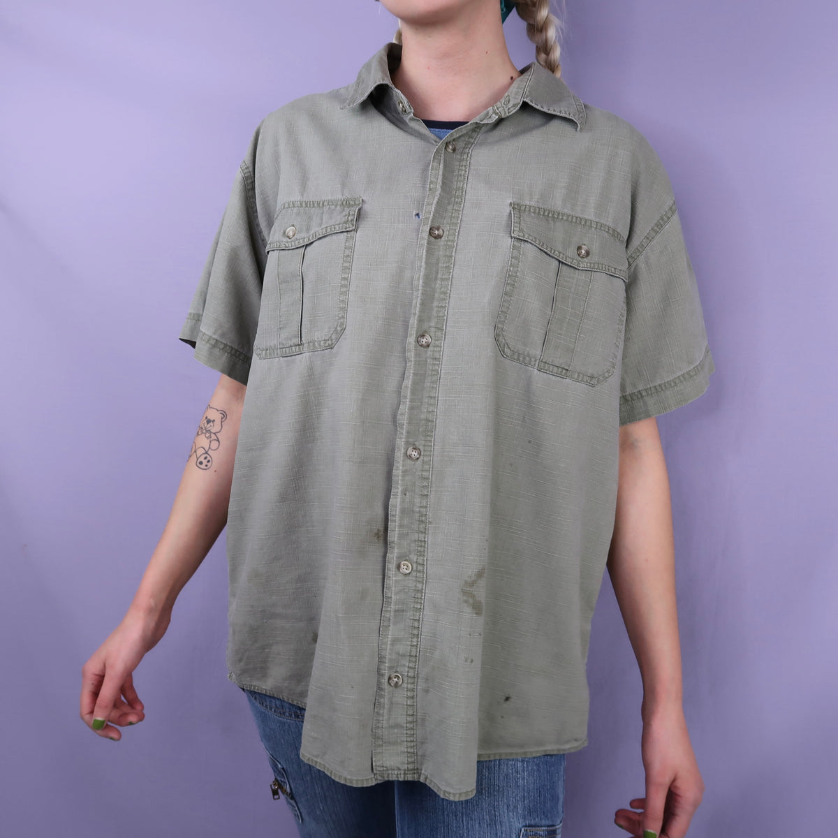 MISPRINT "Grim Skull" Army Green Button Down - Large