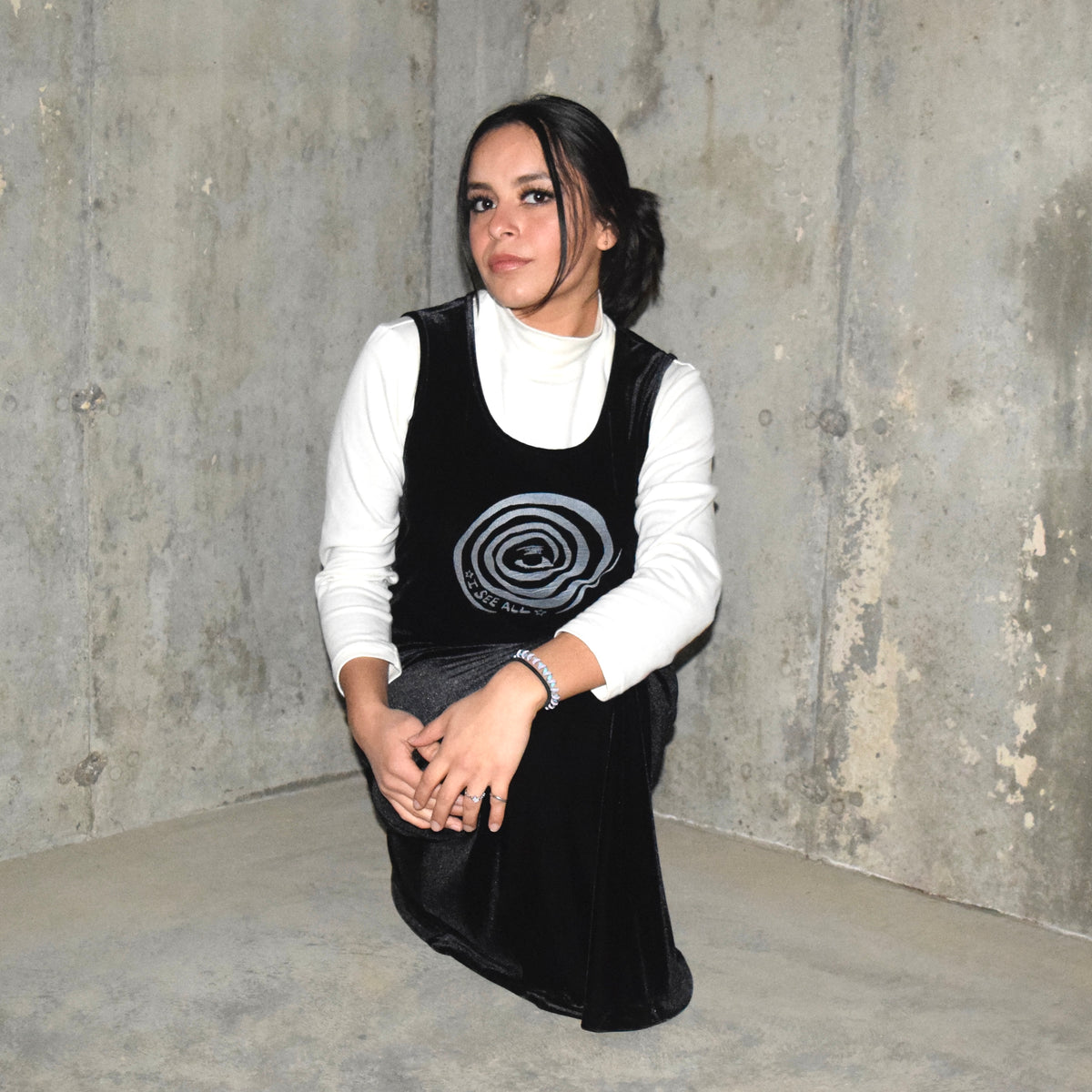 "I See All" (Eye Spiral) Black Velvet Maxi Dress - Medium