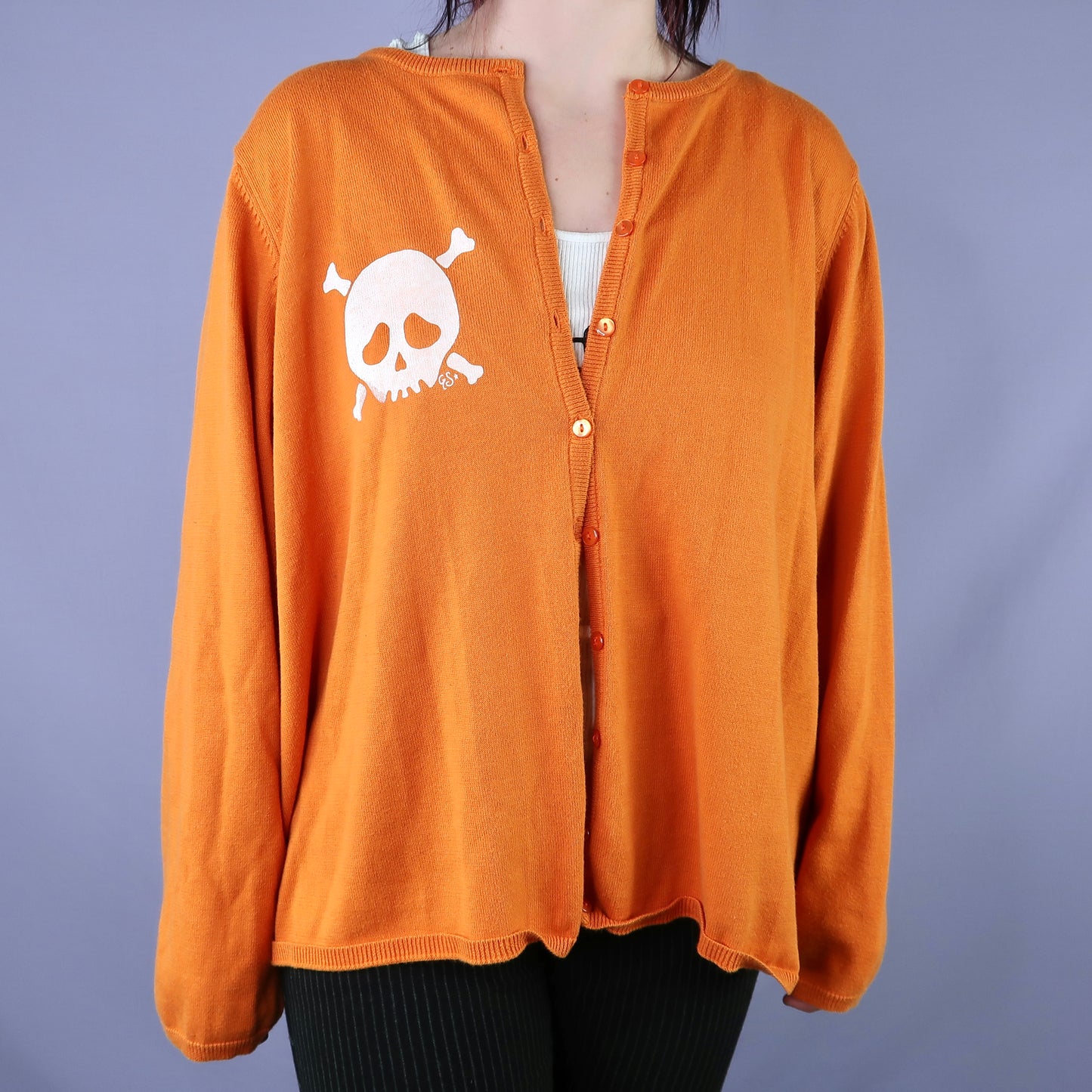 "Grim Skull" Orange Cardigan Sweater - 3XL