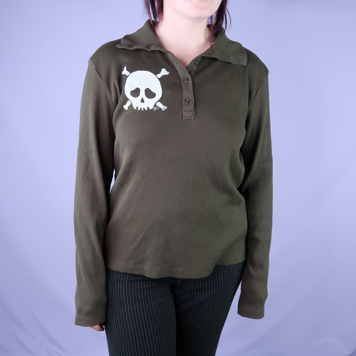"Grim Skull" Green Polo Long Sleeve Shirt - Large