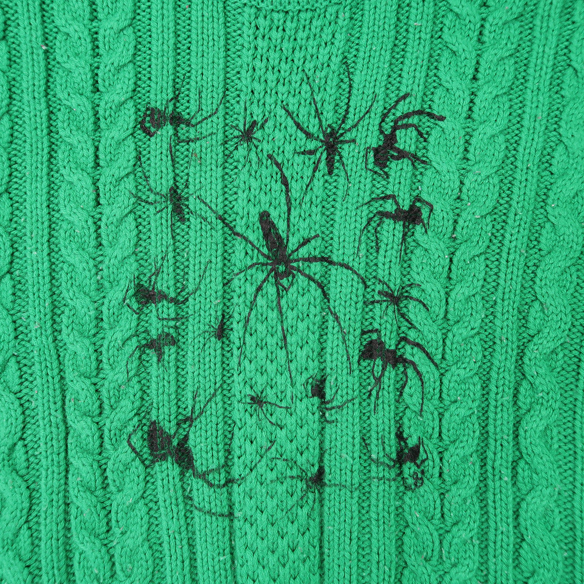 "I Love Spiders" Green Cable Knit Sweater - Medium