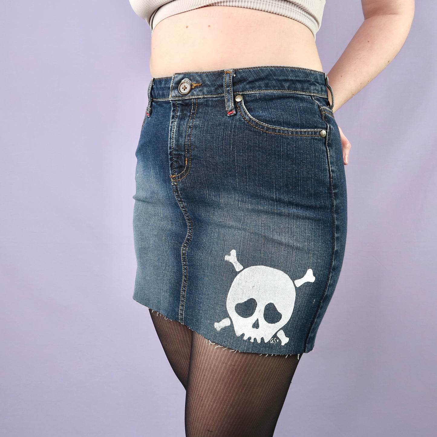 "Grim Skull" Dark Wash Denim Skirt - Small