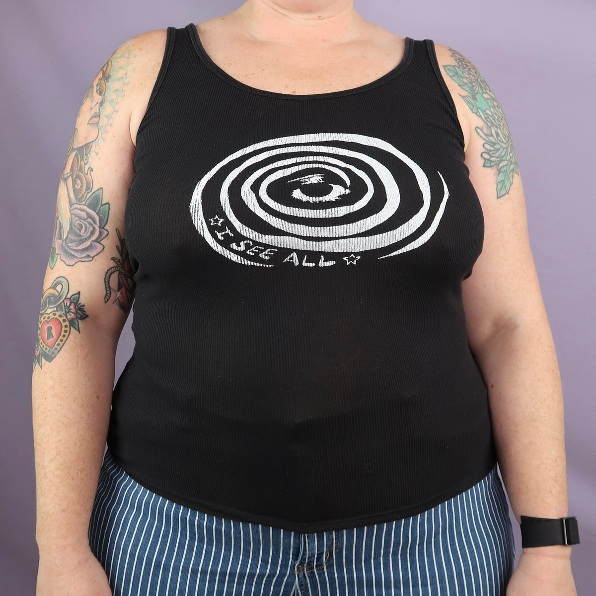 "I See All" Black Ribbed Tank Top - Large