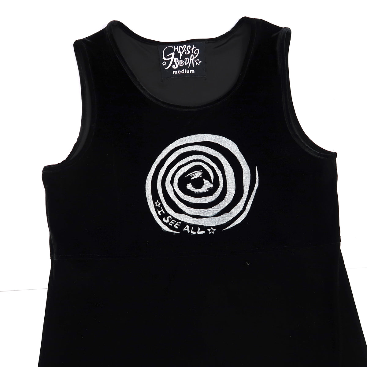 "I See All" (Eye Spiral) Black Velvet Maxi Dress - Medium