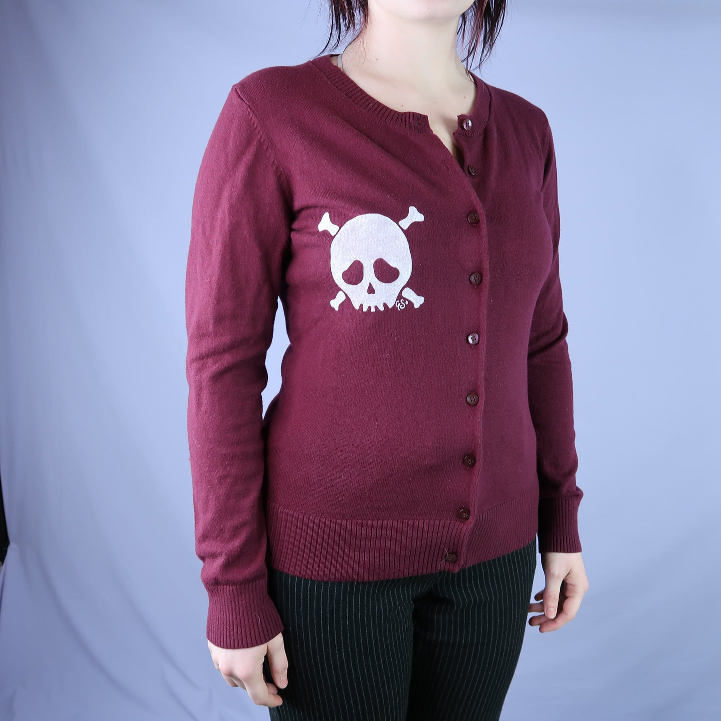 "Grim Skull" Maroon Cardigan - Medium