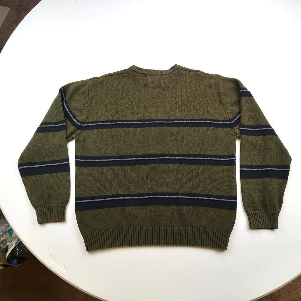 "Grim Skull" Army Green Striped Sweater - XL