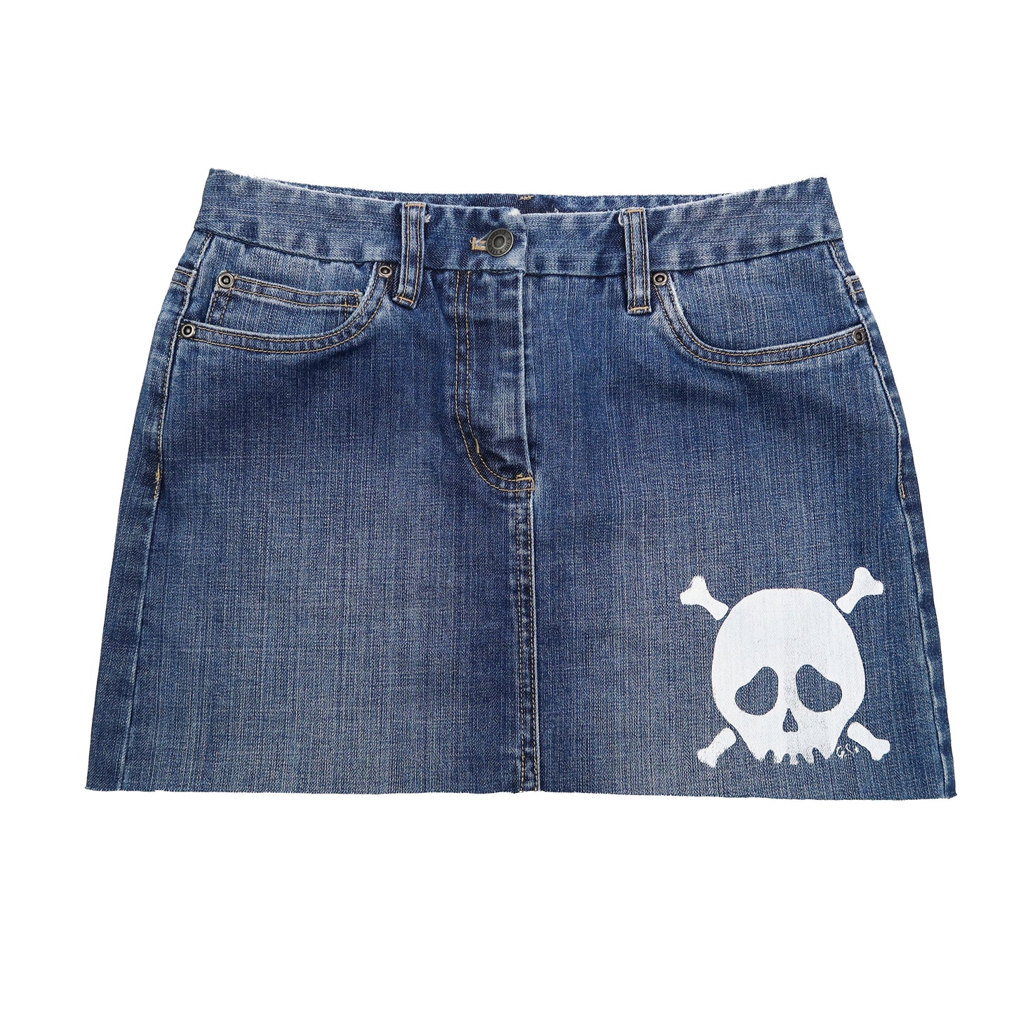 "Grim Skull" Medium Wash Denim Skirt - Small