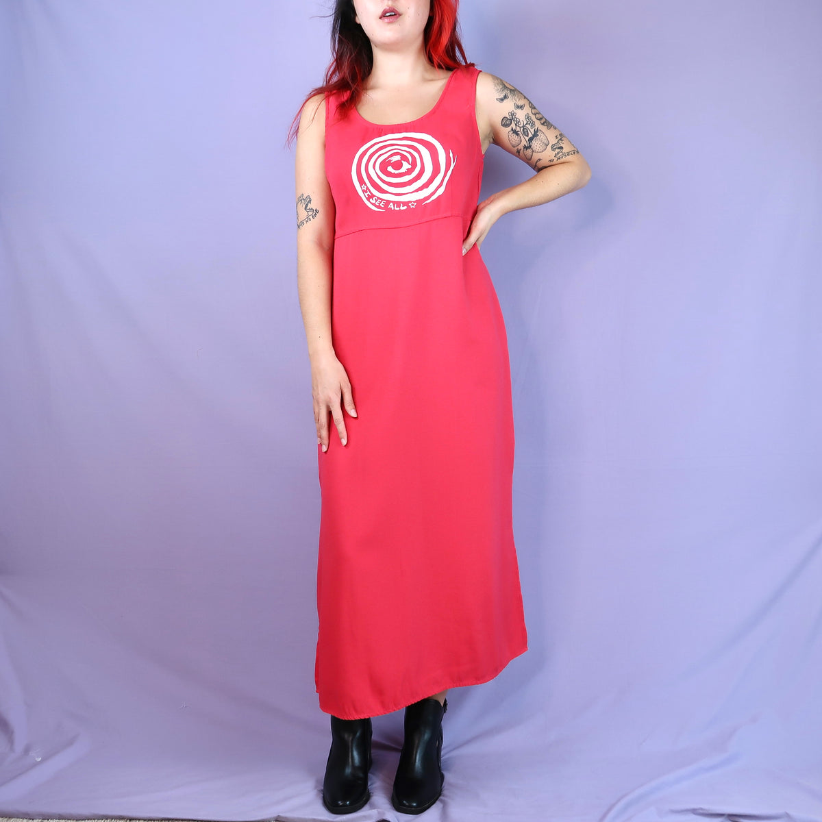 "I See All" (Eye Spiral) Red Maxi Dress - Medium