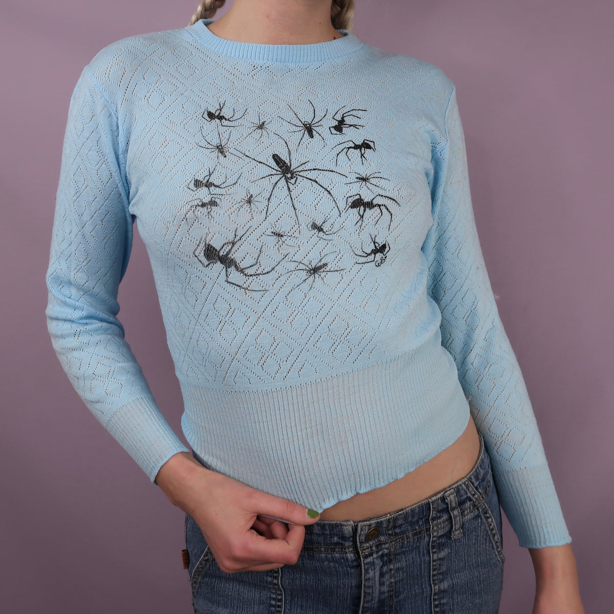 "I Love Spiders" Blue Sweater - Small
