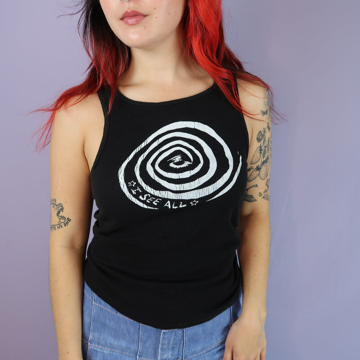 "I See All" (Eye Spiral) Black Ribbed Tank Top- Medium