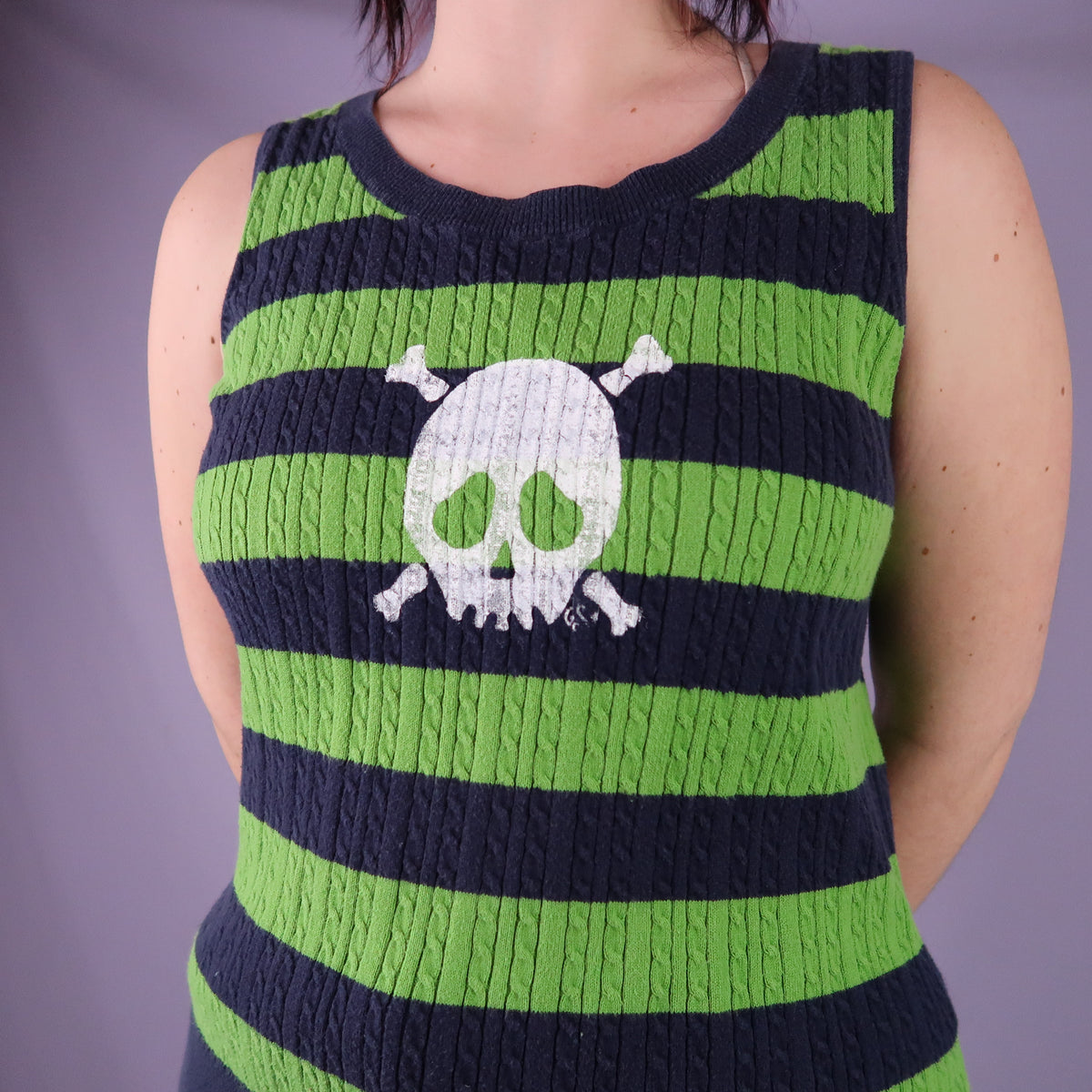 "Grim Skull" Navy and Green Striped Sweater Vest - Medium