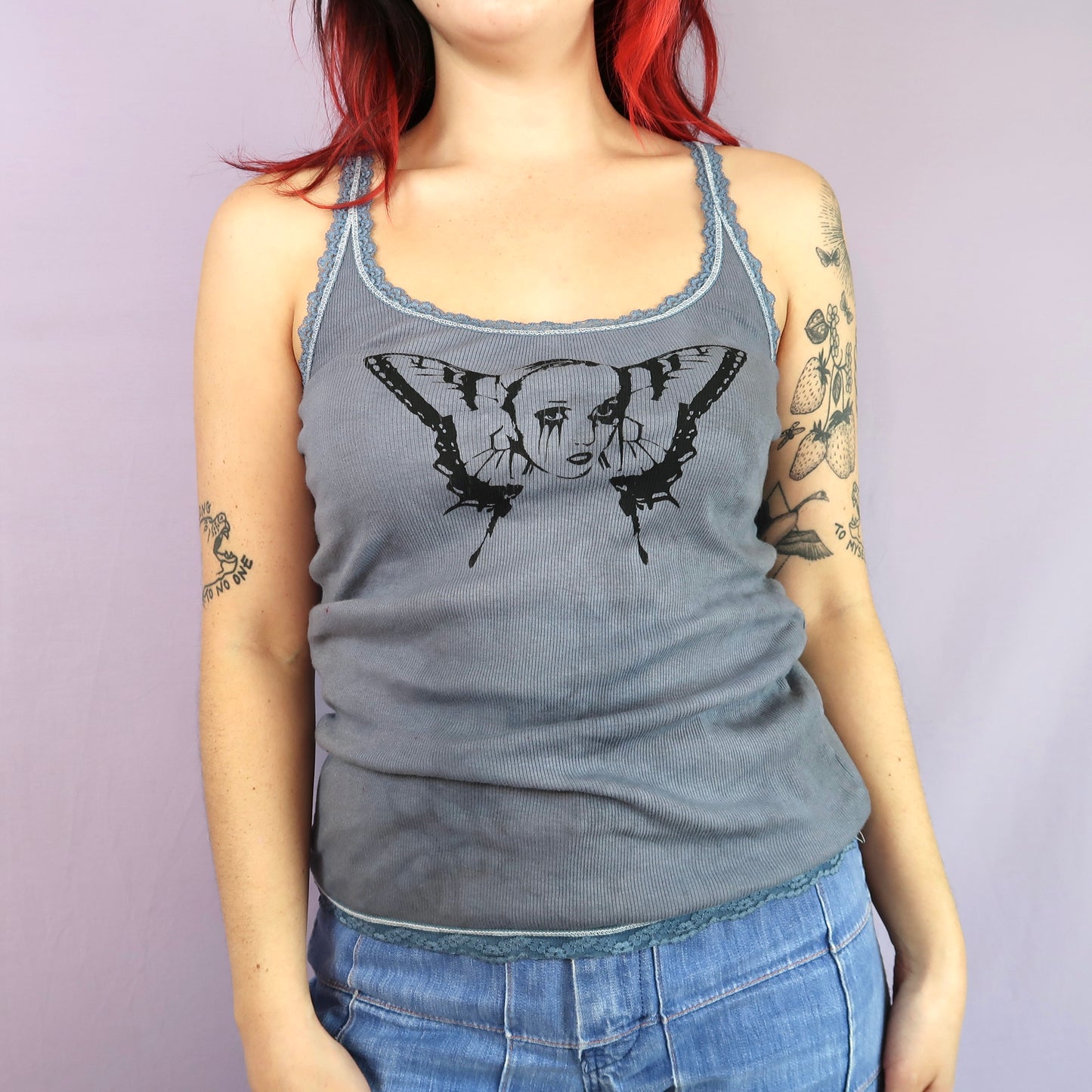 Weeping Butterfly Gray Lace Tank - Medium