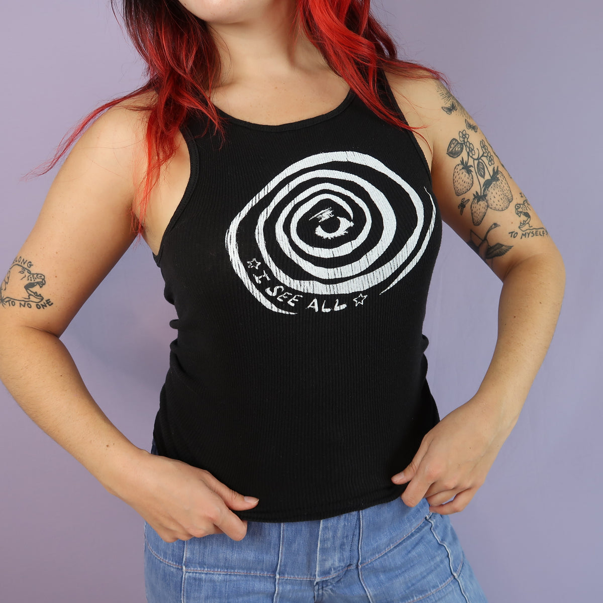 "I See All" (Eye Spiral) Black Ribbed Tank Top- Medium