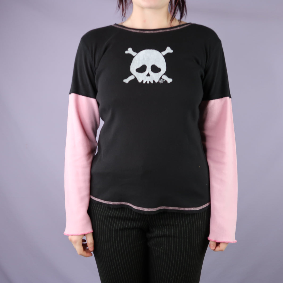 "Grim Skull" Pink and Black Layered Long Sleeve - Large