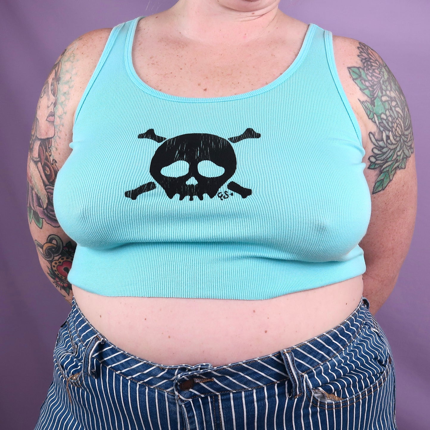 "Grim Skull" Blue Crop Top - Large
