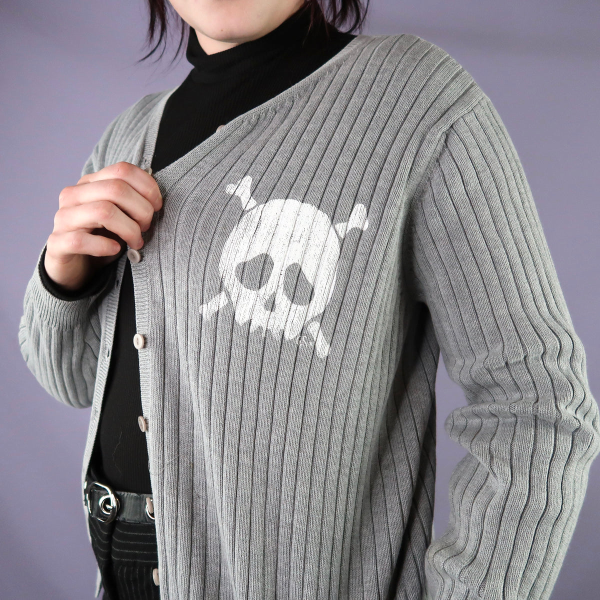 "Grim Skull" Light Grey Cardigan - Medium